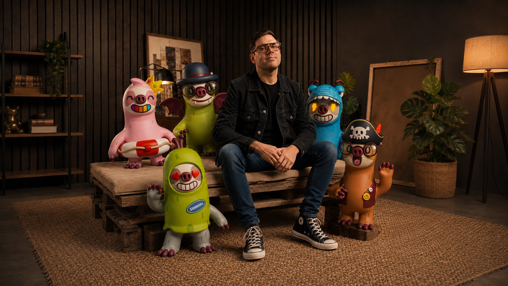 Ray Sanchez sitting on a low wooden bench, surrounded by six Sloooths character figures in a warm, dark room